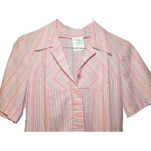 Vintage Striped Shirt Dress 12 1/2 Short Sleeve Pink Blue USA Made Modest